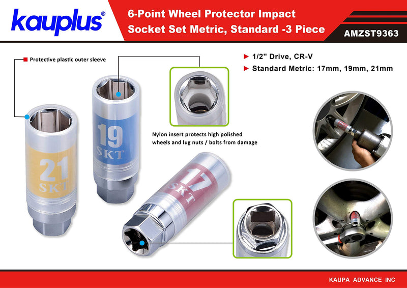 kauplus 3PCS 1/2” Dr. Wheel Protector Impact Socket Set, Thin Wall Lug Nut - Metric, Standard 6-Point, 17mm - 19mm - 21mm - LeoForward Australia