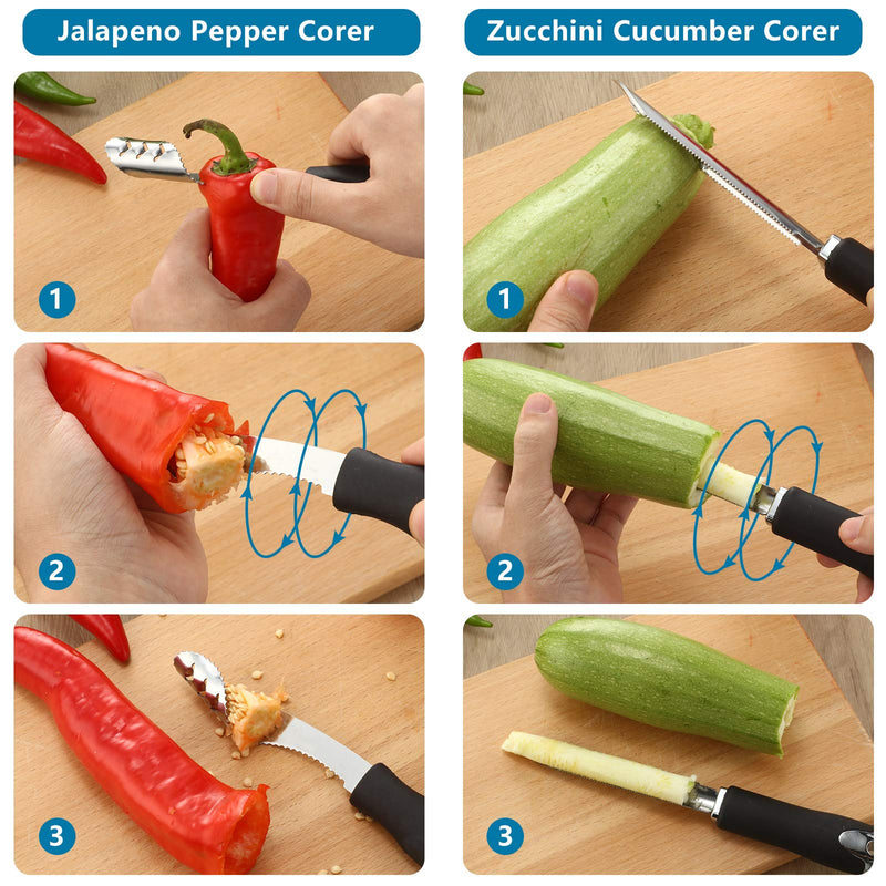  [AUSTRALIA] - 2 Pieces Jalapeno Pepper Corer Zucchini Cucumber Corer Core Deseeder Stainless Steel Chili Corer Remover with Serrated Slice and Rubber Handle Seed Remover or Slice Off Vegetables Tops for Kitchen