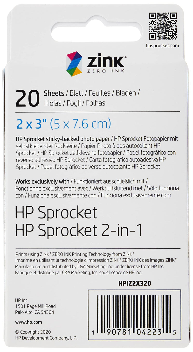 HP Sprocket 2x3" Premium Zink Sticky Back Photo Paper (20 Sheets) Compatible with HP Sprocket Photo Printers. 20 Sheets Zink Paper - LeoForward Australia