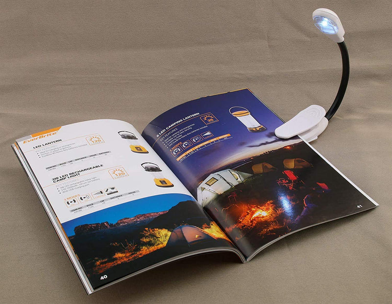  [AUSTRALIA] - EverBrite LED Book Light, 8 Lumen, Plastic Construction, Clamp-On Base, 3-Meter Range, 2 CR1220 Batteries Included