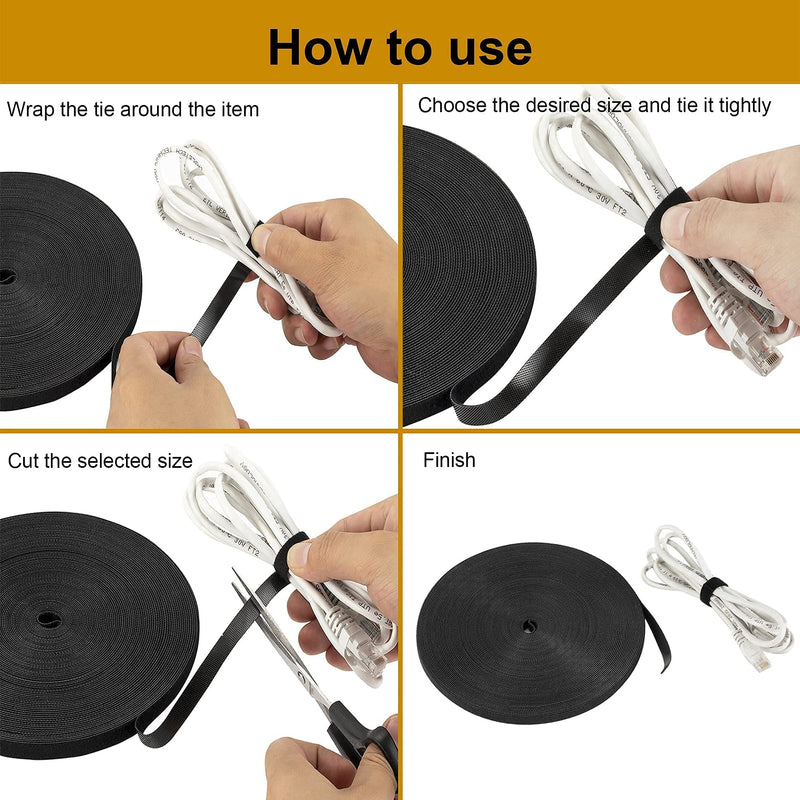  [AUSTRALIA] - XINYIBO 1cm double-sided hook and loop fastening tape Reusable wire ties Cable ties Hook and loop nylon fastening tape Wire manager for home, office (Black, 25Yard)