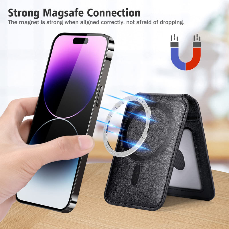  [AUSTRALIA] - nuoku Leather Magsafe Wallet with AirTag Holder, Magnetic Phone Wallet with Stand for iPhone 14/13/12 Series, NOT Compatible with 13 mini/12 mini, Fit 8 Cards, Black