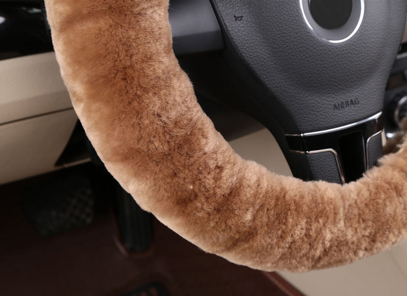  [AUSTRALIA] - Dotesy Pure Wool Auto Steering Wheel Cover Genuine Sheepskin Great Grip Anti-Slip Car Steering Wheel Cushion Protector Universal 15 inch for Car,Truck,SUV,etc. (Tan) tan