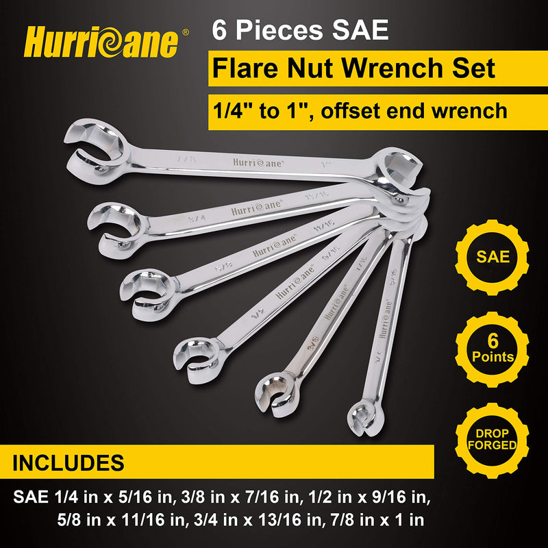  [AUSTRALIA] - Hurricane 6 Pieces SAE Flare Nut Wrench Set 1/4" to 1", offset end wrench, 6 Point
