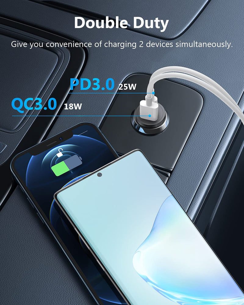  [AUSTRALIA] - Car Charger for iPhone 13, 43W Fast USB C Car Charger Adapter Dual Port, 25W USB-C & 18W USB iPhone Car Charger Aluminum Alloy with Lightning Cable for iPhone 13/12 Pro Max/11 Pro/XS/XR/8 and More Black+Cable