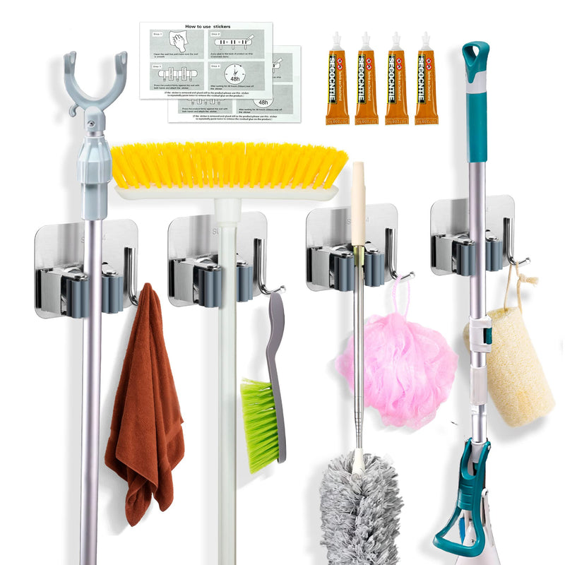  [AUSTRALIA] - 4 PCS Broom Holder, broom bracket mop bracket, Broom Gripper Holds Self Adhesive Broom and Dustpan Hanger for Home, Kitchen, Garden, Garage Storage Systems