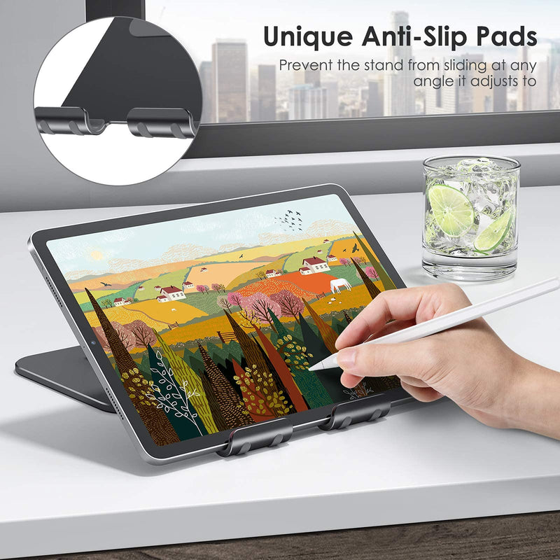  [AUSTRALIA] - Upgraded Adjustable Tablet Stand Holder - OMOTON iPad Stand Holder with Heavier Base, Heavy Duty Aluminum Foldable Desktop Tablet Dock Compatible with iPad 9th gen, iPad Mini 6 /Air/Pro, Black