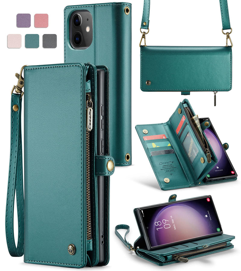  [AUSTRALIA] - ASAPDOS iPhone 12 Mini Case Wallet,Retro PU Leather Strap Wristlet Flip Case with Magnetic Closure,[RFID Blocking] Card Holder and Kickstand for Men Women Blue-Green