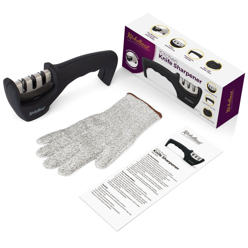  [AUSTRALIA] - 2-in-1 Kitchen Knife Accessories: 3-Stage Knife Sharpener Helps Repair, Restore and Polish Blades and Cut-Resistant Glove 3-Slot