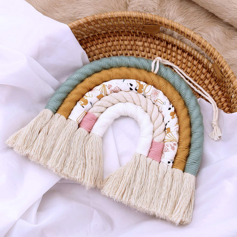  [AUSTRALIA] - Peggy ZJ Rainbow Wall Hanging, Nordic Woven Rainbow Wall Hanging, Boho Decor Macrame Rainbow Wall Hanging for Baby Girls Kids Nursery Rooms,Modern Home Hanging,Green Pattern Cloth（8.2x8.2 inches A-green