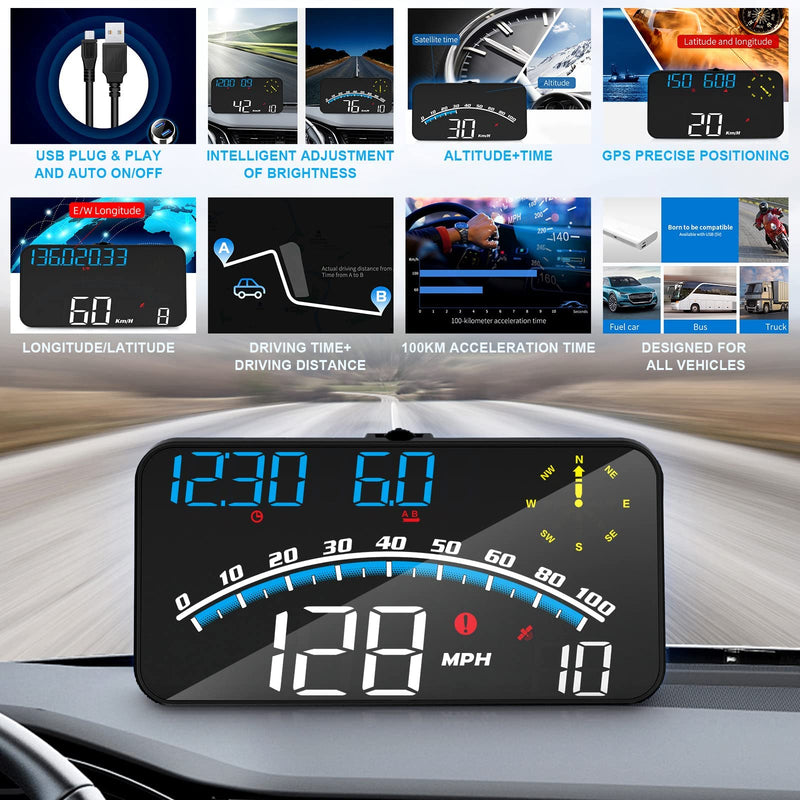  [AUSTRALIA] - Number-one Digital GPS Speedometer Universal Heads Up Display for Car HUD with KMH & MPH, OverSpeed Alarm, Fatigue Driving Warning, Navigation Compass, 5.5" LCD Screen, USB Plug & Play,for All Vehicle