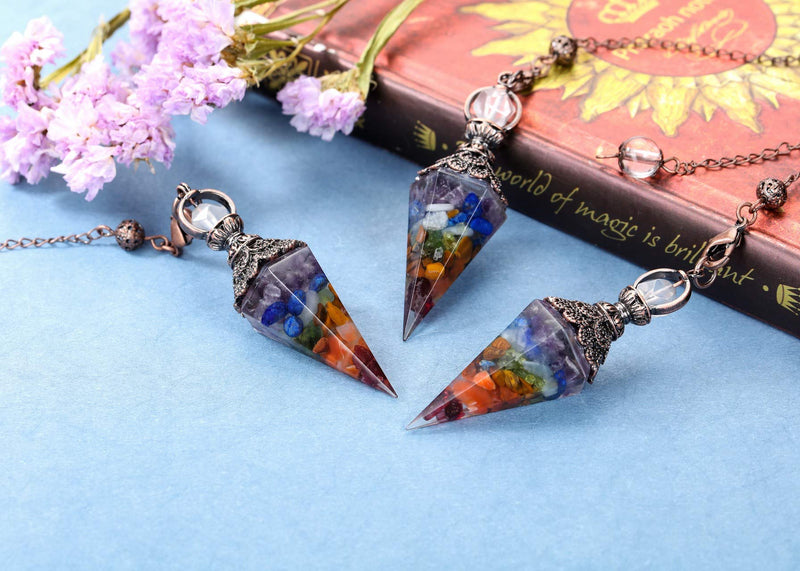  [AUSTRALIA] - Jovivi 7 Chakra Healing Crystal Pendulums for Dowsing Divination 6 Facted Hexagonal Pointed Cone Resin Chip Stones Reiki Wicca Spritual Gemstone Chakra Energy Pendant with Chain