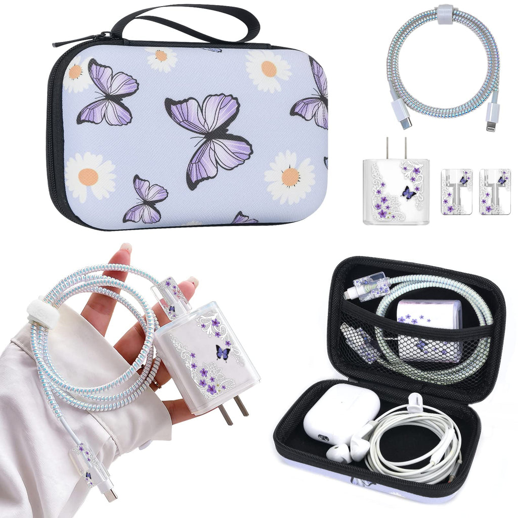  [AUSTRALIA] - Cute Phone Charger Storage Case Set with Carrying Bag Purple Flowers Floral Butterfly Pattern Cable Protector Accessories Travel Cable Organizer,Earphone Charger Protector Cover Compatible for iPhone Lace Purple