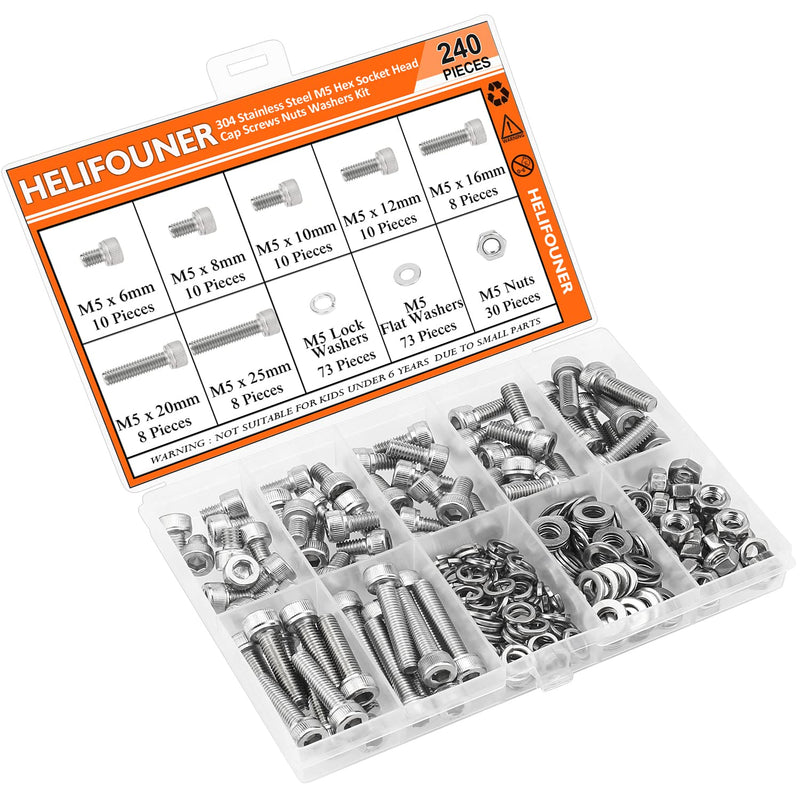  [AUSTRALIA] - HELIFOUNER 240 Pieces M5 x 6mm /8mm /10mm /12mm /16mm /20mm /25mm, Hex Socket Head Cap Screws Bolts Washers Nuts Kit, 304 Stainless Steel