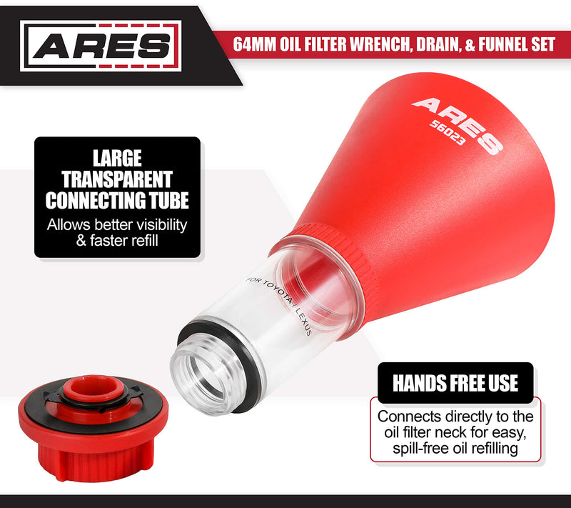  [AUSTRALIA] - ARES 56025-64mm Oil Filter Wrench, Drain, and Funnel Set for Toyota and Lexus - 3/8-Inch Drive - Easily Remove Oil Filters on 4-Cylinder Engines - Spill-Free Oil Drain and Refill