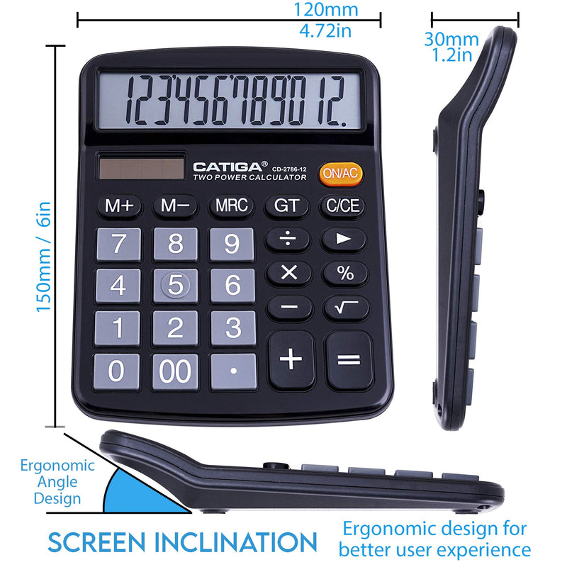  [AUSTRALIA] - Desktop Calculator 12 Digit with Large LCD Display and Sensitive Button, Solar and Battery Dual Power, Standard Function for Office, Home, School, CD-2786 (Black) Black