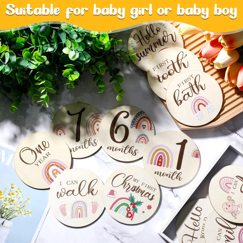  [AUSTRALIA] - 16 Pieces Wooden Baby Monthly Milestone Cards Baby Monthly Milestone Marker Discs Double Sided Monthly Milestone Wooden Circles Baby Months Signs for Baby Shower Newborn Photo Props(Rainbow) Rainbow