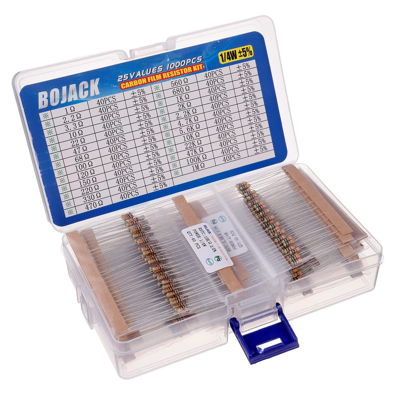  [AUSTRALIA] - BOJACK Resistors Assortment Kit 1 Ohm - 1M Ohm 1/4W Carbon Film Resistor Resistor Kit (25 Values 1000 Pieces) 1/4 W
