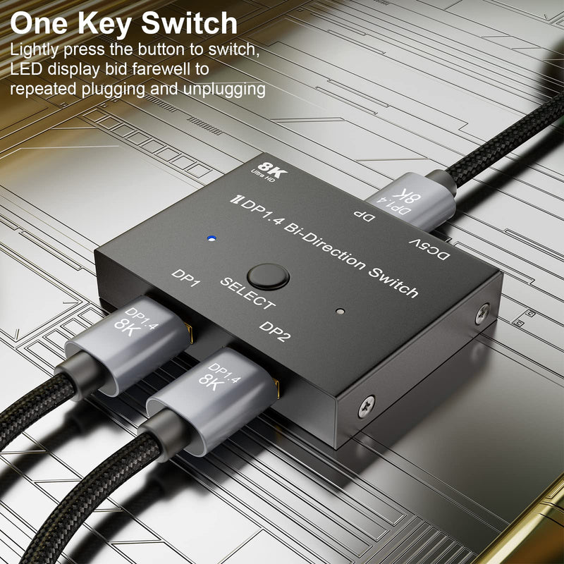  [AUSTRALIA] - DisplayPort Switch 8K Bidirectional Splitter 2 in 1 Out/1 in 2 Out DP 1.4 Switcher Supports 8K@30Hz, 4K@120Hz, 4K@60Hz for 2 Computers 1 Monitor ConnBull®