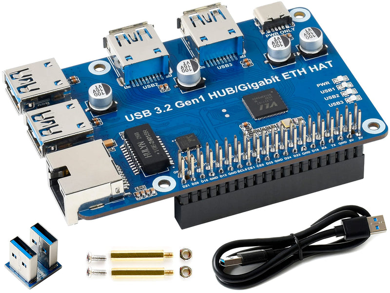  [AUSTRALIA] - Bicool USB 3.2 Gen1 and Gigabit Ethernet HUB HAT for Raspberry Pi 4B/3B+/3B/2B/Zero/W/WH, with 3X Ports, Compatible 3.0/2.0/1.1, 1x Port,Driver-Free Plug & Play