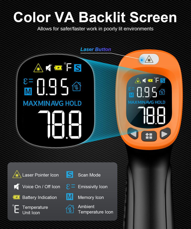  [AUSTRALIA] - Infrared Thermometer Temperature Gun -58°F ~932°F, Digital Laser Thermometer Gun for Cooking, Pizza Oven, Grill, IR Thermometer Temp Gun with Adjustable Emissivity & Max Min Avg Measure Orange