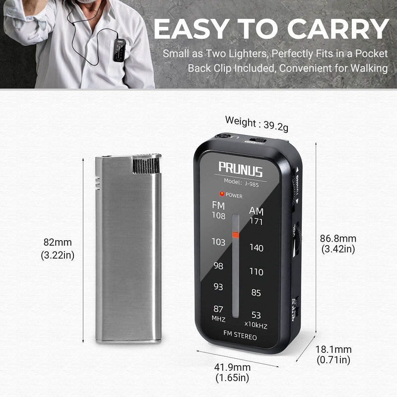  [AUSTRALIA] - Pocket Radio Mini AM FM Stereo Radio Portable Battery Operated Radio, Includes Headphones, with Back Clip and Signal Indicator, Operated by AAA Batteries for Walking and Jogging, J-985 by PRUNUS Black