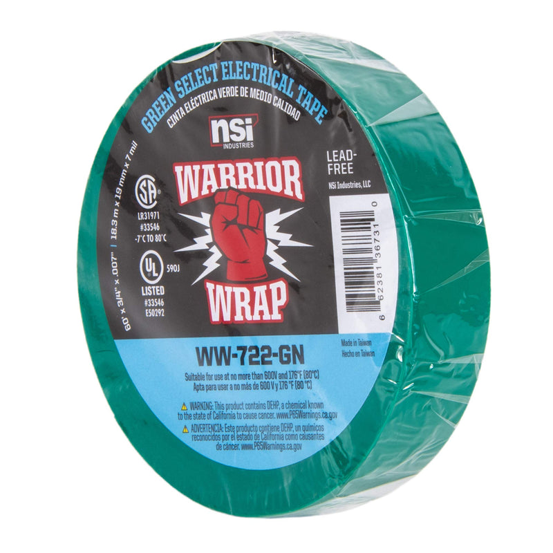  [AUSTRALIA] - NSi Industries WarriorWrap Select 3/4 in. x 60 ft. 7 mil Vinyl Electrical Tape, Green (WW-722-GN)