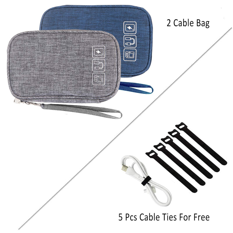  [AUSTRALIA] - Cable Organizer Bag, 2PCS Travel Cord Organizer Pouch Small Electronics Accessories Bag Tech Cord Storage Pouch for Cable, Charger, Phone, USB, SD Card,with 5pcs Cable Ties (Grey+Blue) Grey+Blue