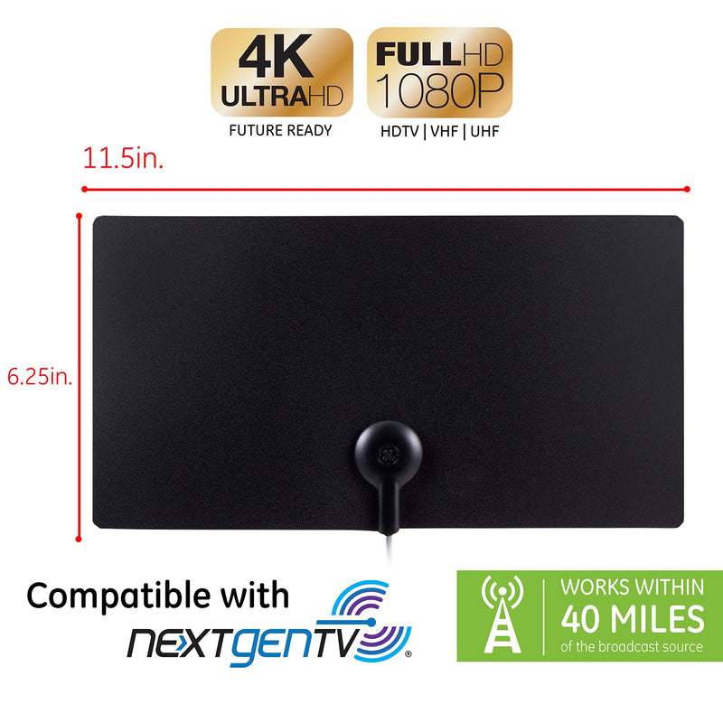  [AUSTRALIA] - GE Ultra Edge Indoor HD Digital TV Antenna, Long Range Smart TV Antenna, Slim Décor Reversible Black White Design, Supports 4K HD Smart TV VHF UHF, 6ft Coax HDTV Cable, 11264 Ultra Edge Wall mount