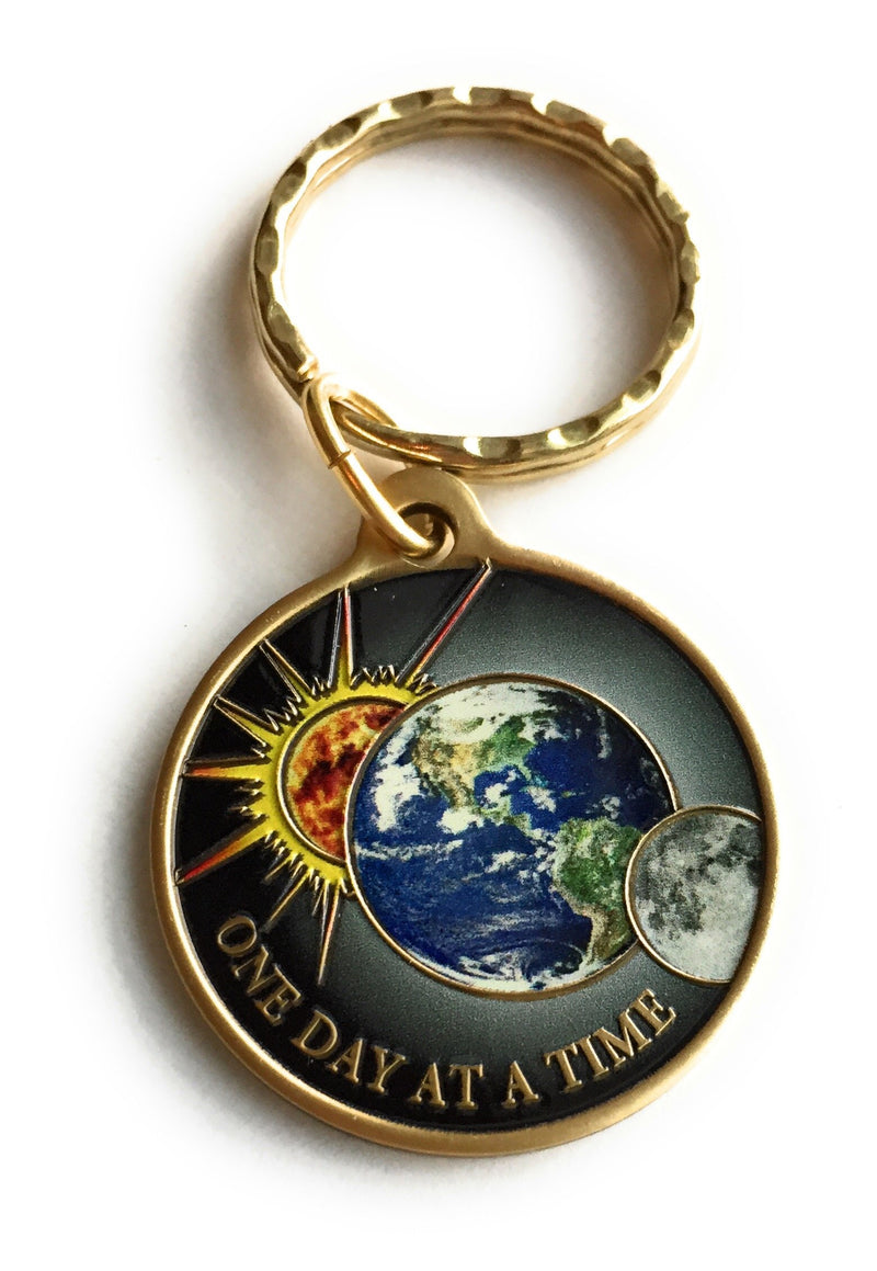  [AUSTRALIA] - One Day At A Time Universe Keychain Sun Moon Earth Medallion Color Serenity Prayer Chip