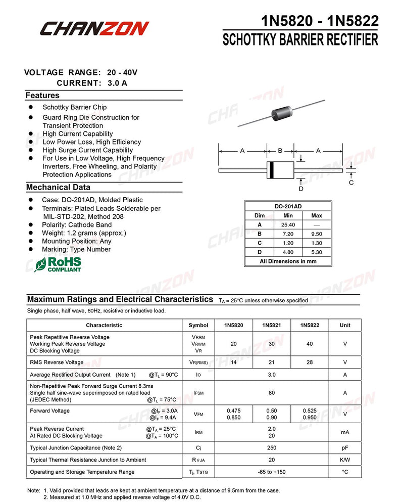 (Pack of 20 Pieces) Chanzon 1N5822 Schottky Barrier Rectifier Diodes 3A 40V DO-201AD (DO-27) Axial 5822 IN5822 3 Amp 40 Volt - LeoForward Australia