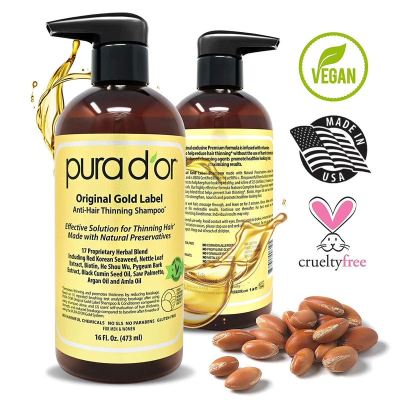 PURA D'OR Original Gold Label Anti-Thinning Biotin Shampoo (16oz) w/ Argan Oil, Nettle Extract, Saw Palmetto, Red Seaweed, 17+ DHT Herbal Actives, No Sulfates, Natural Preservatives, For Men & Women - LeoForward Australia