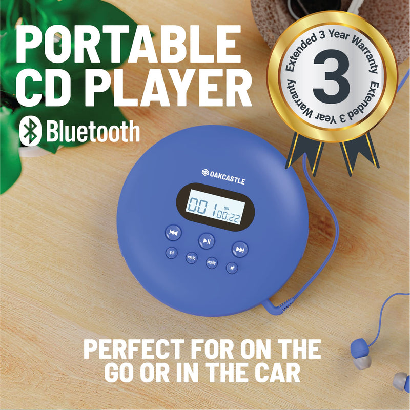  [AUSTRALIA] - Oakcastle CD100 Portable Bluetooth CD Player | 12hr Portable Playtime | in Car Compatible Personal CD Player | Headphones Included, AUX Output, Anti-Skip Protection, Rechargeable, CD Walkman in Blue