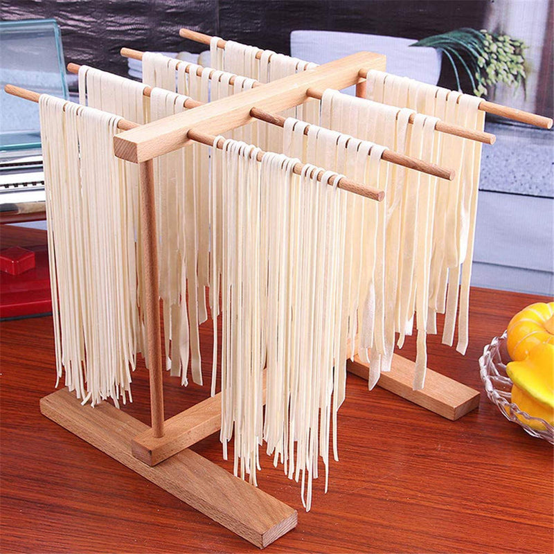  [AUSTRALIA] - AJIADA Pasta Drying Rack Collapsible Noodle Stand & Rolling Pin Baking, Natural Beech Wood with 8 Bar Handles Spaghetti Hanging Dryer Rack for Home Use Storage Pasta, Spaghetti, Noodle