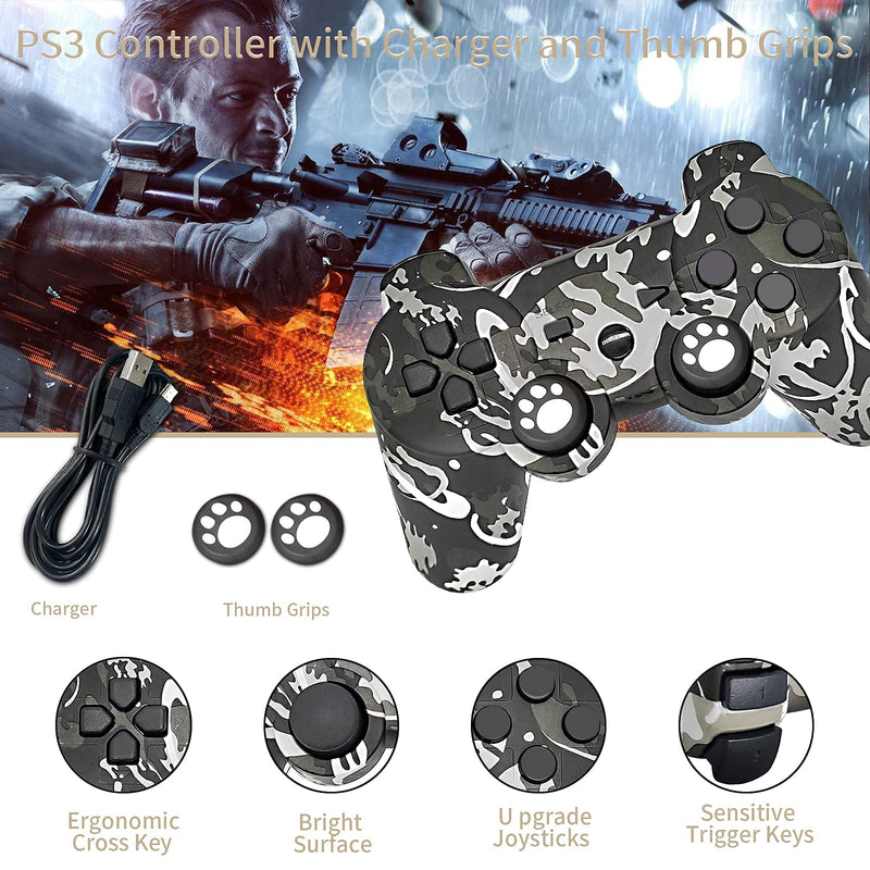  [AUSTRALIA] - PS-3 Controller, PS-3 Controller Wireless, CFORWARD PS-3 Joysticks with Double Shock and 6Axis Gamepad Compatible for Play-Station 3 Remote with Charger and Thumb Gripss Camouflage Grey