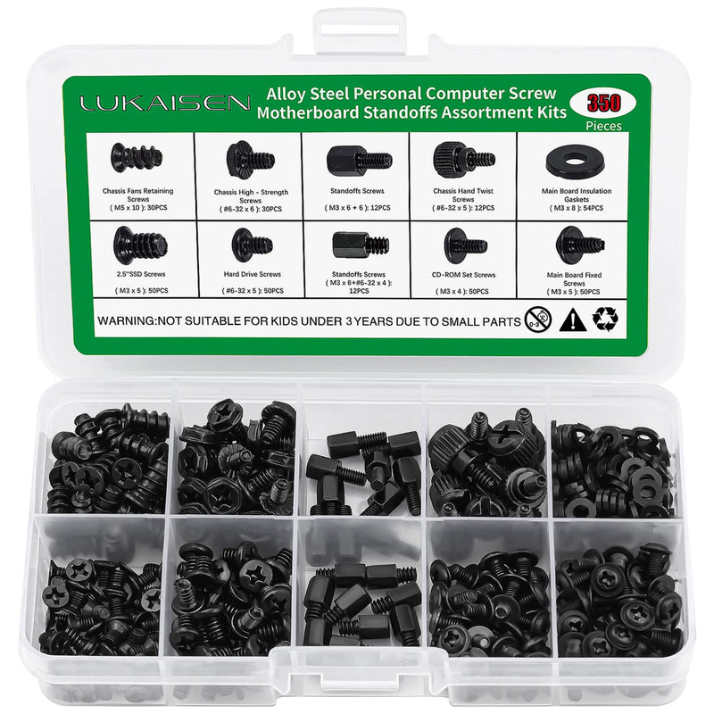  [AUSTRALIA] - 350PCS Computer Screws Assortment Kit, 6-32 Male to M3 Female Black Carbon Steel Motherboard Standoffs Screws for 2.5''SSD Hard Drive Fan Power Graphics Motherboard Chassis CD-ROM Computer ATX Case 350pcs Black Carbon Steel PC Screws