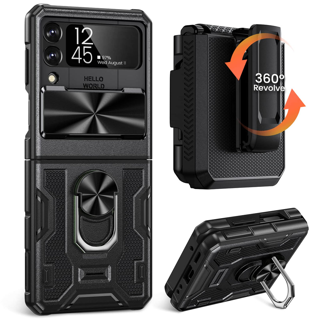  [AUSTRALIA] - Caka for Z Flip 4 Case, Galaxy Z Flip 4 Case with Kickstand & Belt-Clip Holster Camera Cover with Built-in 360°Rotate Ring Stand Magnetic Case for Samsung Galaxy Z Flip 4 -Black Black with Clip
