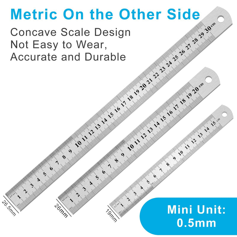  [AUSTRALIA] - 3PCS Stainless Steel Ruler, Metal Ruler Set ( 6 8 12 inch), Steel Ruler with Inch and Metric, Machinist Ruler, Metric Ruler, Imperial Ruler, for School, Office, Home, Engineer, Craft