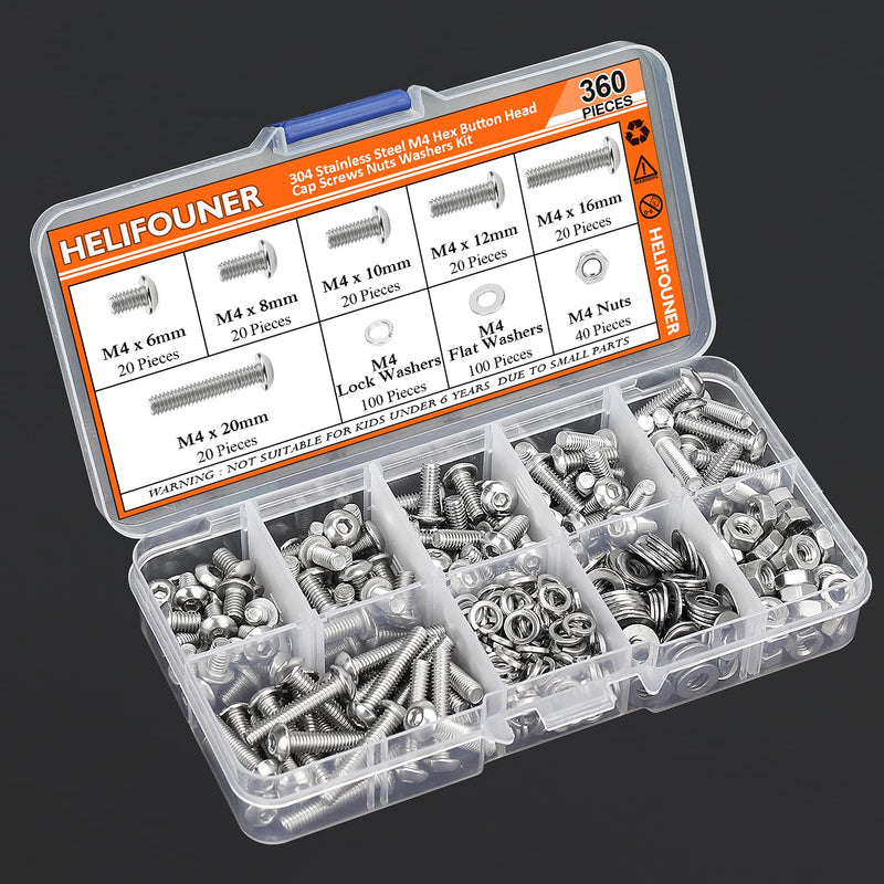  [AUSTRALIA] - HELIFOUNER 360 Pieces M4 x 6mm /8mm /10mm /12mm /16mm /20mm, Hex Button Head Cap Metric Screws Bolts Washers Nuts Kit, 304 Stainless Steel