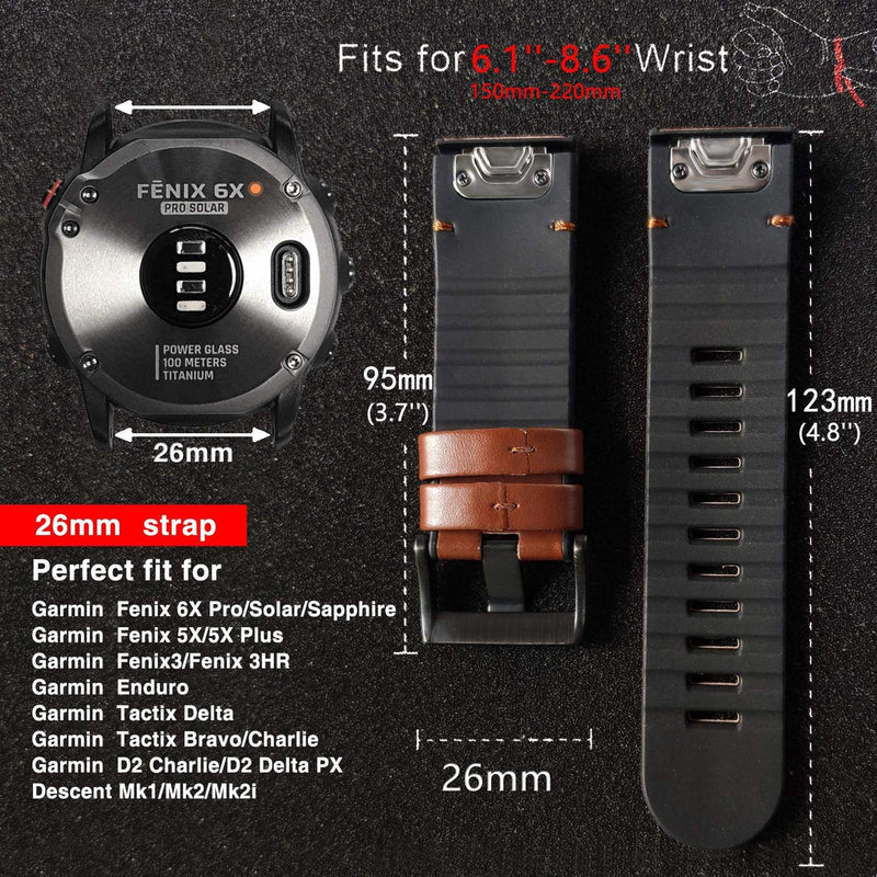 Abanen for Garmin Fenix 6X/Fenix 5X Watch Band, Quick Easy Fit 26mm Soft Genuine Leather Hybrid Silicone Sweatproof Wristband Strap for Fenix 6X Pro/Sapphire,Fenix 5X Plus,Tactix Delta,Fenix 3,Enduro Brown - LeoForward Australia