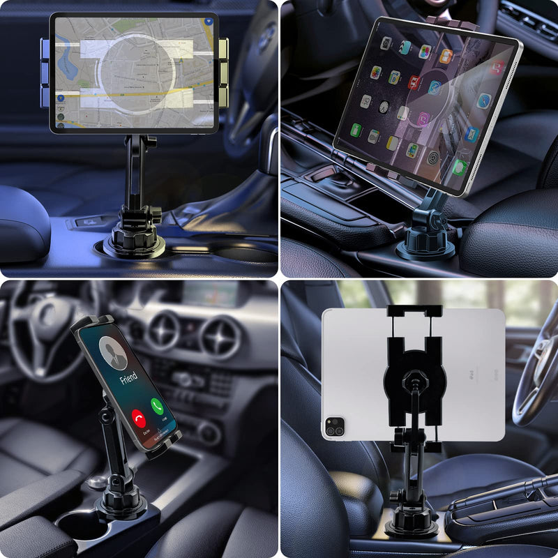  [AUSTRALIA] - Cup Holder Car Tablet Mount, 360° Adjustable 2-Arm Stand Holder for iPad Pro 12.9/11/10.5/9.7/Air/Mini 6/5/4, Samsung Galaxy Tab/Z Fold 4/3, Amazon Fire HD, iPhone 14/13/Pro, 4.7-12.9" Tab & Phone Black