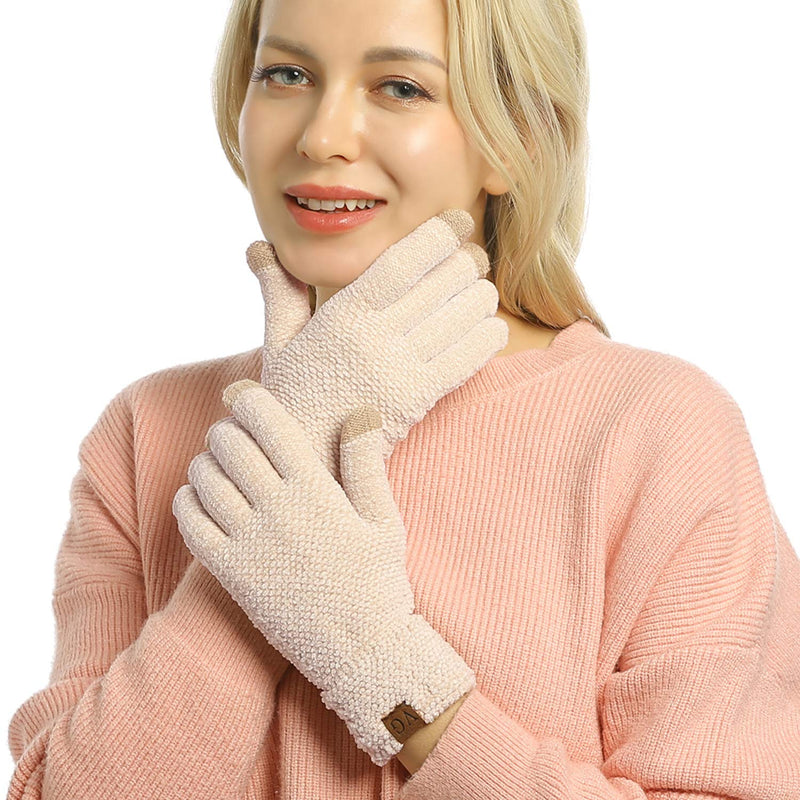Women's Winter Touch Screen Gloves Chenille Warm Cable Knit 3 Touchscreen Fingers Texting Elastic Cuff Thermal Gloves Beige - LeoForward Australia