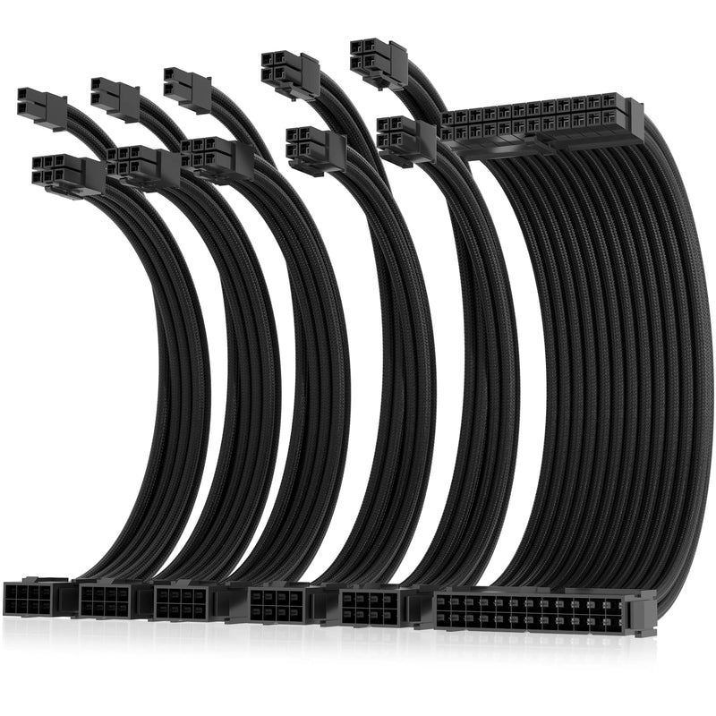  [AUSTRALIA] - AsiaHorse 16AWG PSU Cable Extension Kit, PC Custom Soft Braided Power Supply Sleeved Cable 30cm Length with Combs, 1x24Pin ATX /2x8Pin(4+4) EPS/3x8Pin(6+2) PCI-E (Pure Black)