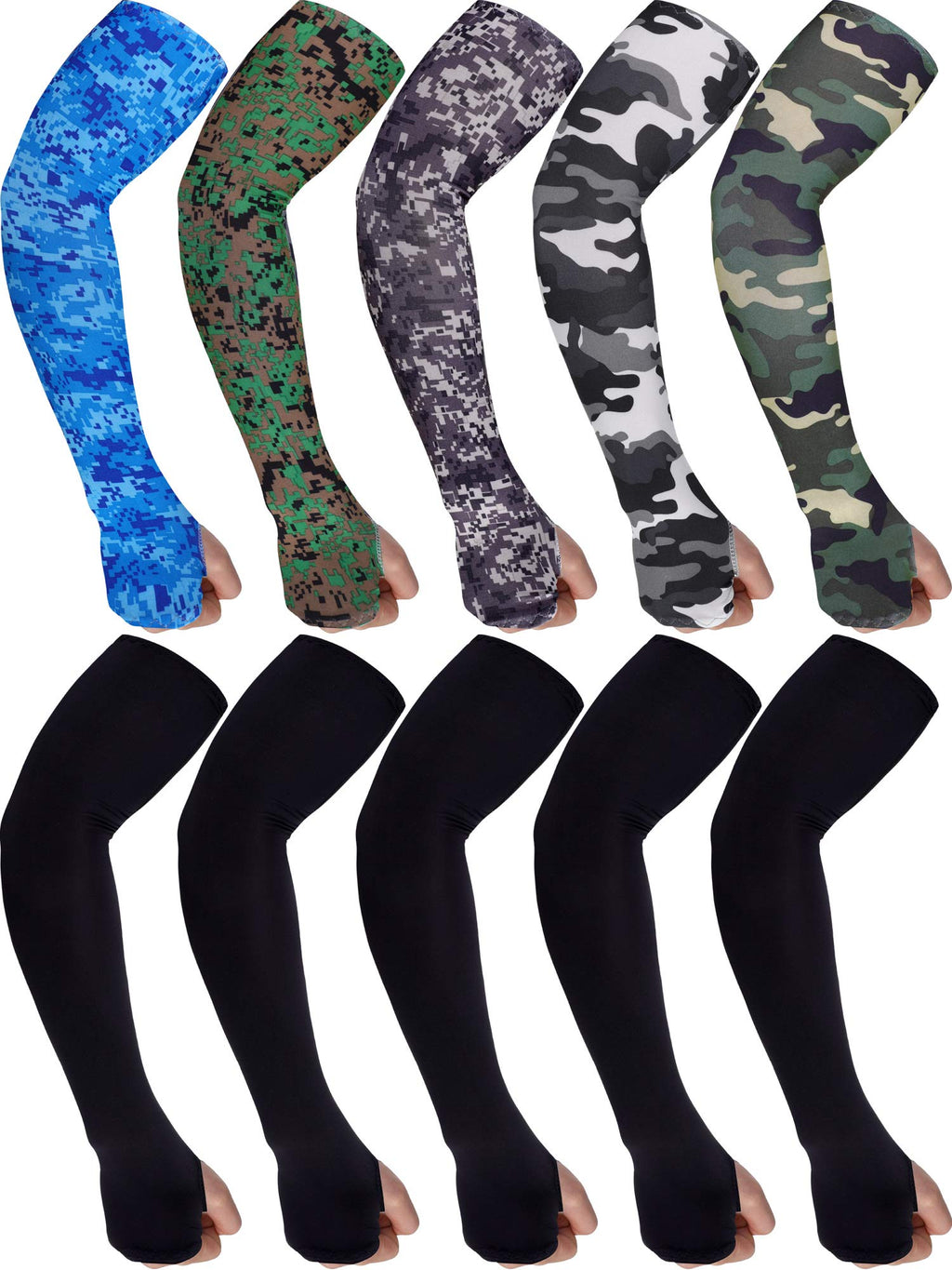  [AUSTRALIA] - 10 Pairs Men's Cooling Arm Sleeves Long Fingerless Gloves Anti Slip Sun Protection Arm Sleeves Black and Mixed Camo