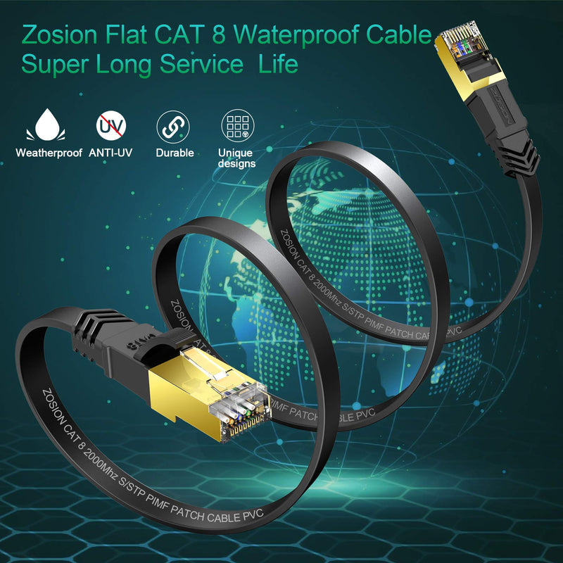 Cat 8 Ethernet Cable 5 ft Flat, Zosion Cat-8 Flat RJ45 Internet Cable High Speed Gaming 40Gbps 2000Mhz Patch Cord Weatherproof for Xbox POE PS4 Modem Router Latest Flat Cat 8-5 ft Black - LeoForward Australia