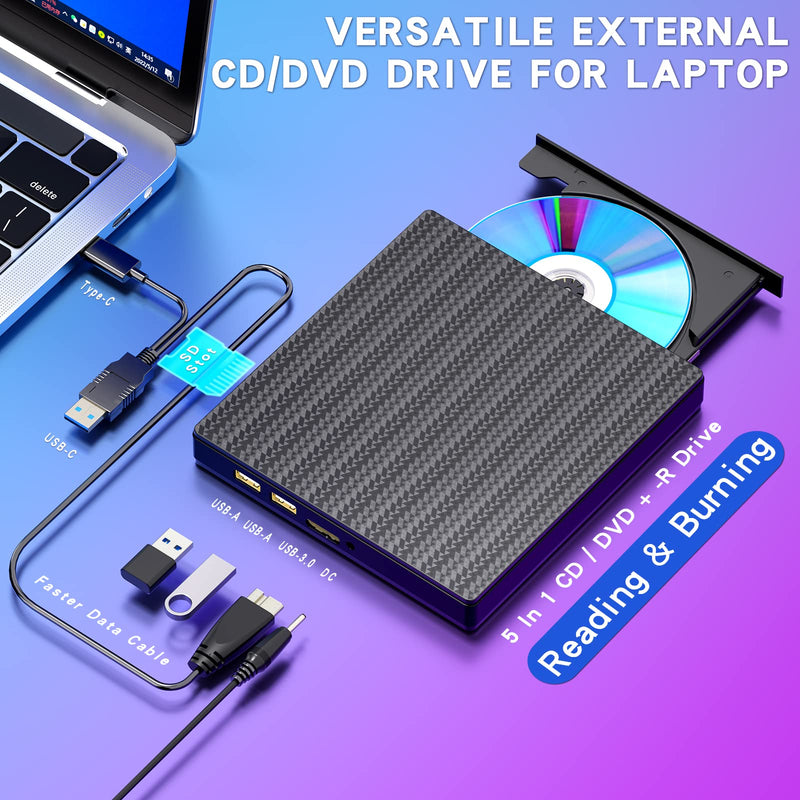 [AUSTRALIA] - aelrsoch External CD DVD +/-RW Drive with SD Card Slots Reader and 4 USB Ports, USB 3.0 Type-C DVD CD ROM Disk Drive Player Burner Rewriter Portable for Laptop Mac PC Windows 11/10/8/7 Linux OS Star pattern