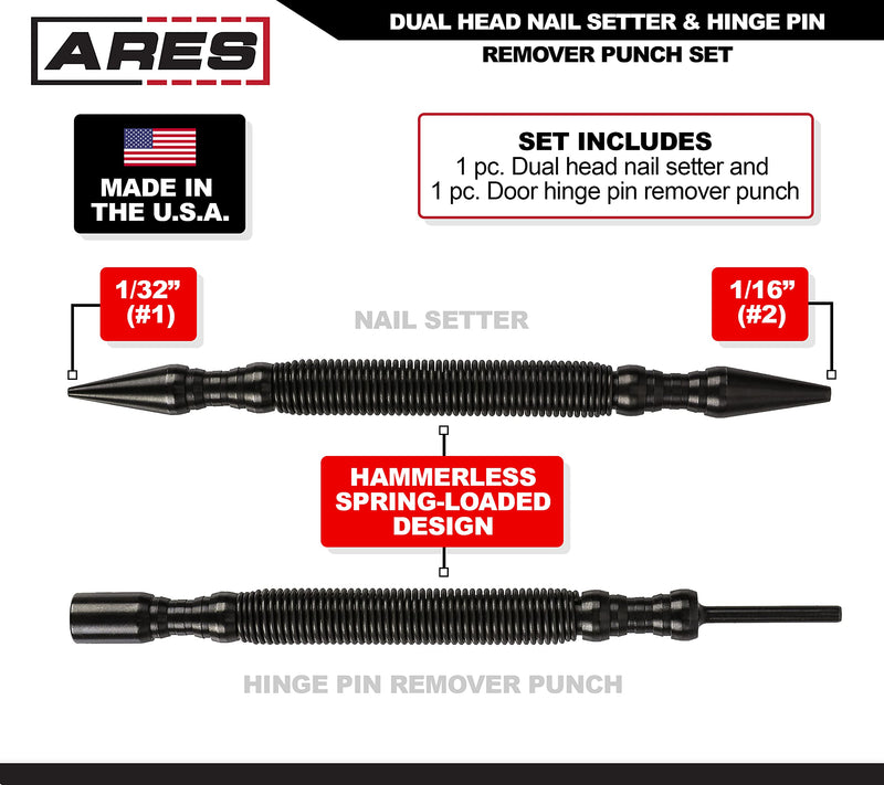  [AUSTRALIA] - ARES 10012 – 2-Piece Dual Head Nail Setter & Hinge Pin Remover Punch Set – Nail Setter Features 1/32-Inch (#1) and 1/16-Inch (#2) Dual Head Design – CNC-Precision Machined - 5000 PSI Striking Force Nail Setter and Hinge Pin Punch