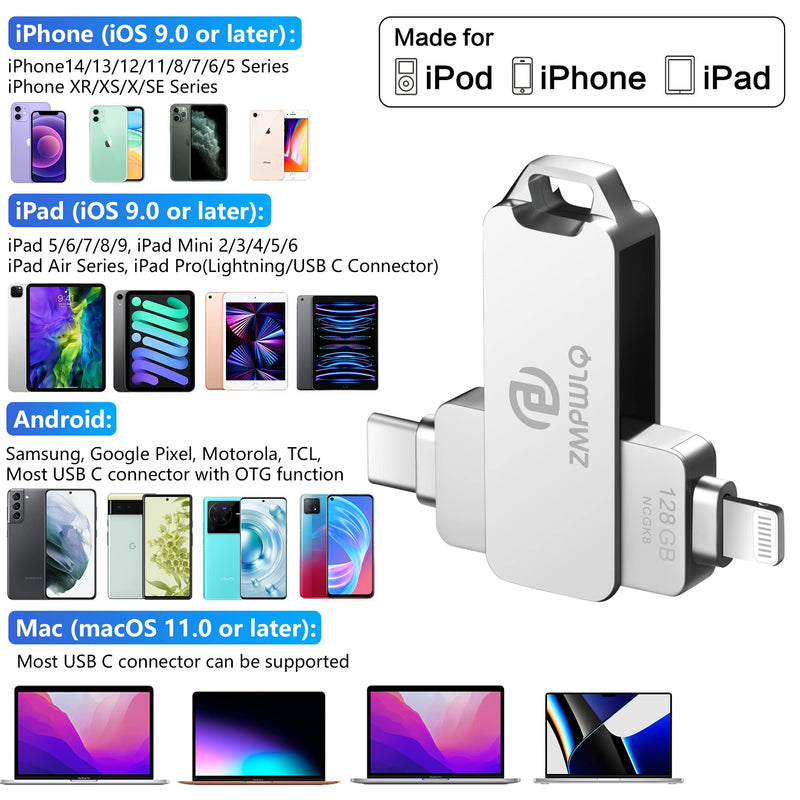  [AUSTRALIA] - Apple MFi Certified 128GB Photo-Stick-for-iPhone-USB-Thumb-Drive Photo-Memory-for-iPhone-External-Storage-Device USB C Flash Drive iPhone-Picture-Storage-Stick Photo-Transfer-Stick iPad-Photo-Storage Sliver