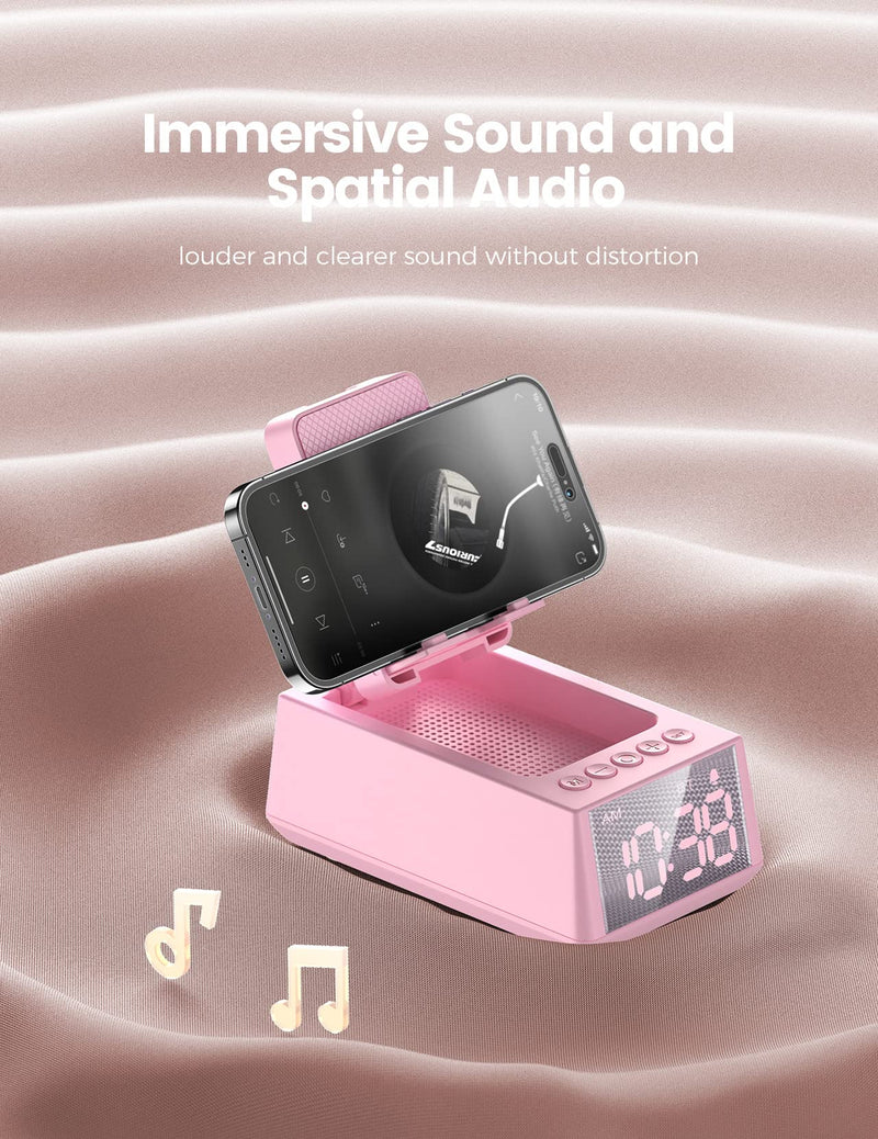  [AUSTRALIA] - Gifts for Him, Her, Cell Phone Stand Bluetooth Speakers, Cool Tech Kitchen Gadgets, Adjustable Phone Holder with LCD Digital Alarm Clock, HD Surround Sound, Birthday for Men Women Dad Who Want Nothing Pink