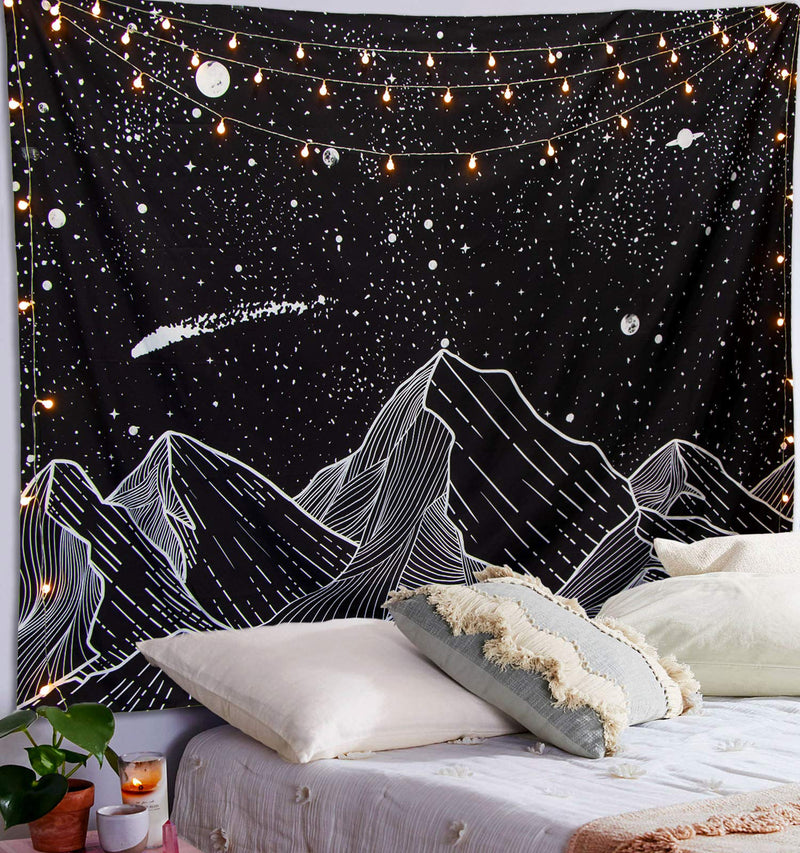  [AUSTRALIA] - Zussun Mountain Moon Tapestry Wall Hanging Stars Black and White Art Tapestry Home Decor (50" x 60") 50" x 60"